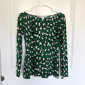 Diane Von Furstenberg Leopard Print Silk Wool Boat Neck Blouse Medium